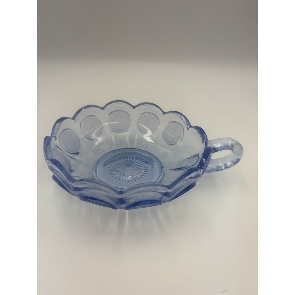 Federal Eagle & Stars Blue Depression Glass Handled Bowl